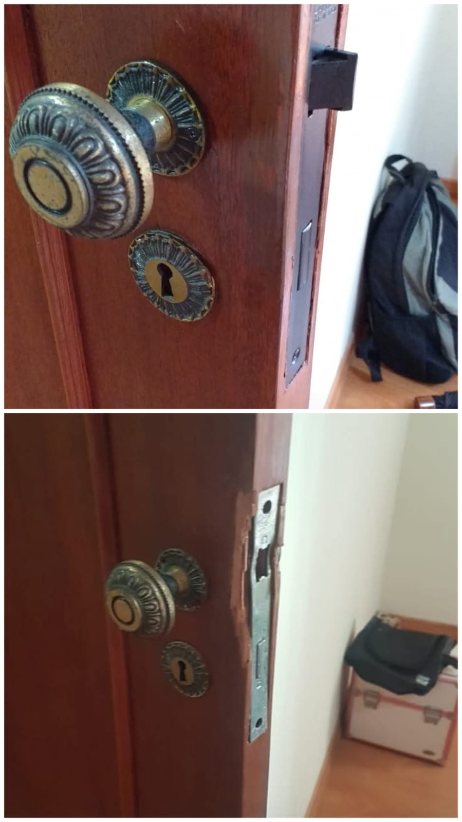 Maçaneta de bronze e porta de madeira antiga restauradas, antes e depois